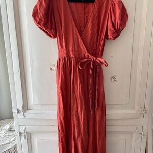 Urban Outfitters Amalfi Linen Midi Puff Sleeve Wrap Burnt Orange Dress Sz Small